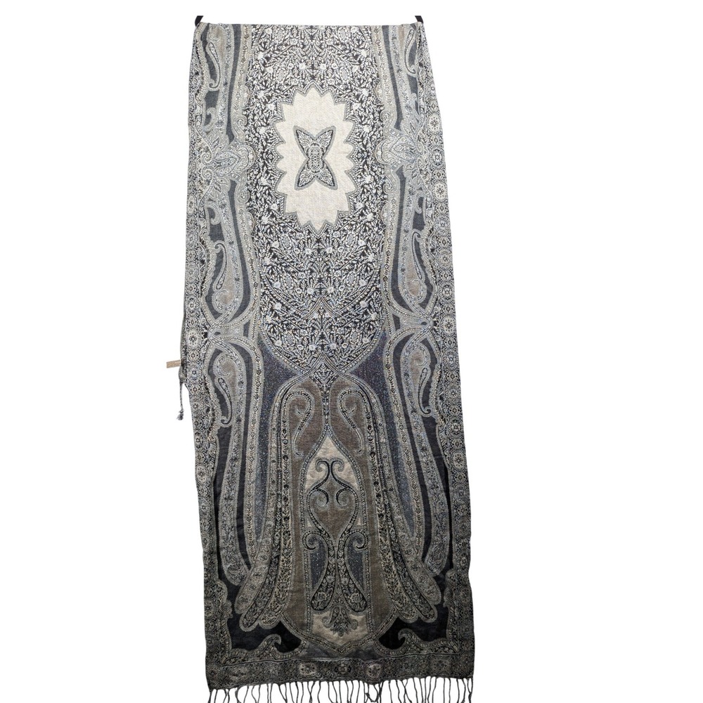 Collection Eighteen Paisley Pashmina Shawl Scarf Black Silver Grey 20.5x80 Wrap